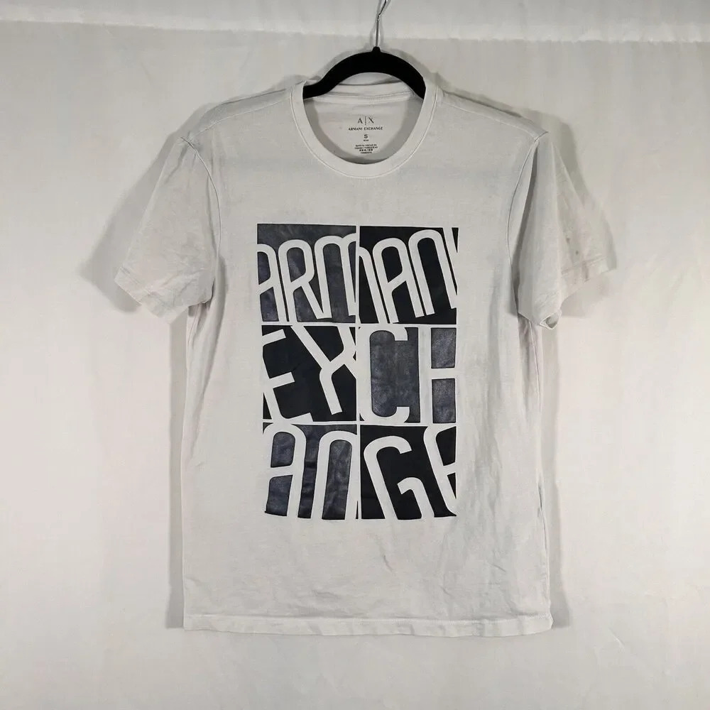 Armani Exchange Shirt Mens Small White Graphic Print Short Sleeve Crew Neck Slim